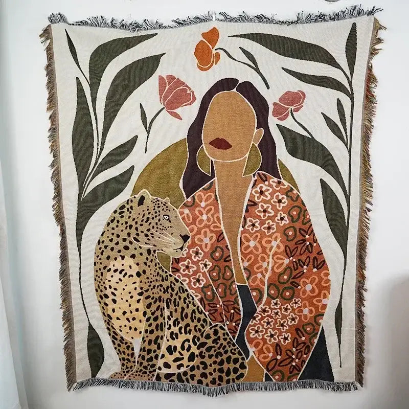 Psychedelic ethnic tapestry sofa blanket olive & pink living room