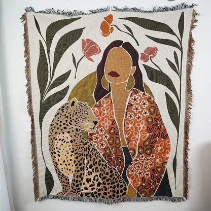 Psychedelic ethnic tapestry sofa blanket olive & pink living room