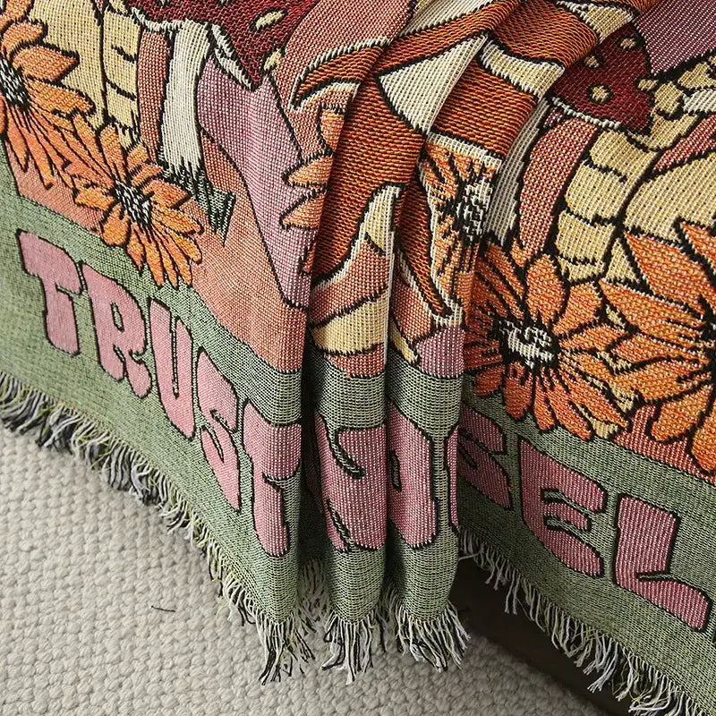 Psychedelic ethnic tapestry sofa blanket olive & pink living room