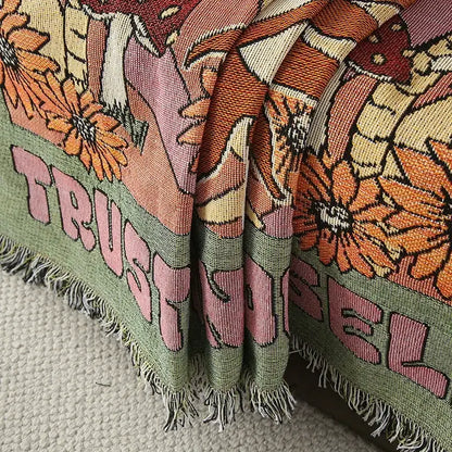 Psychedelic ethnic tapestry sofa blanket olive & pink living room