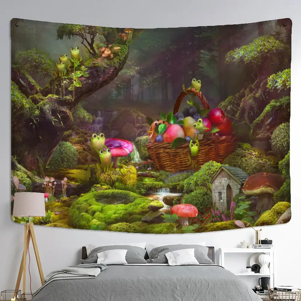 Psychedelic forest frog tapestry wall hanging for kids bedroom