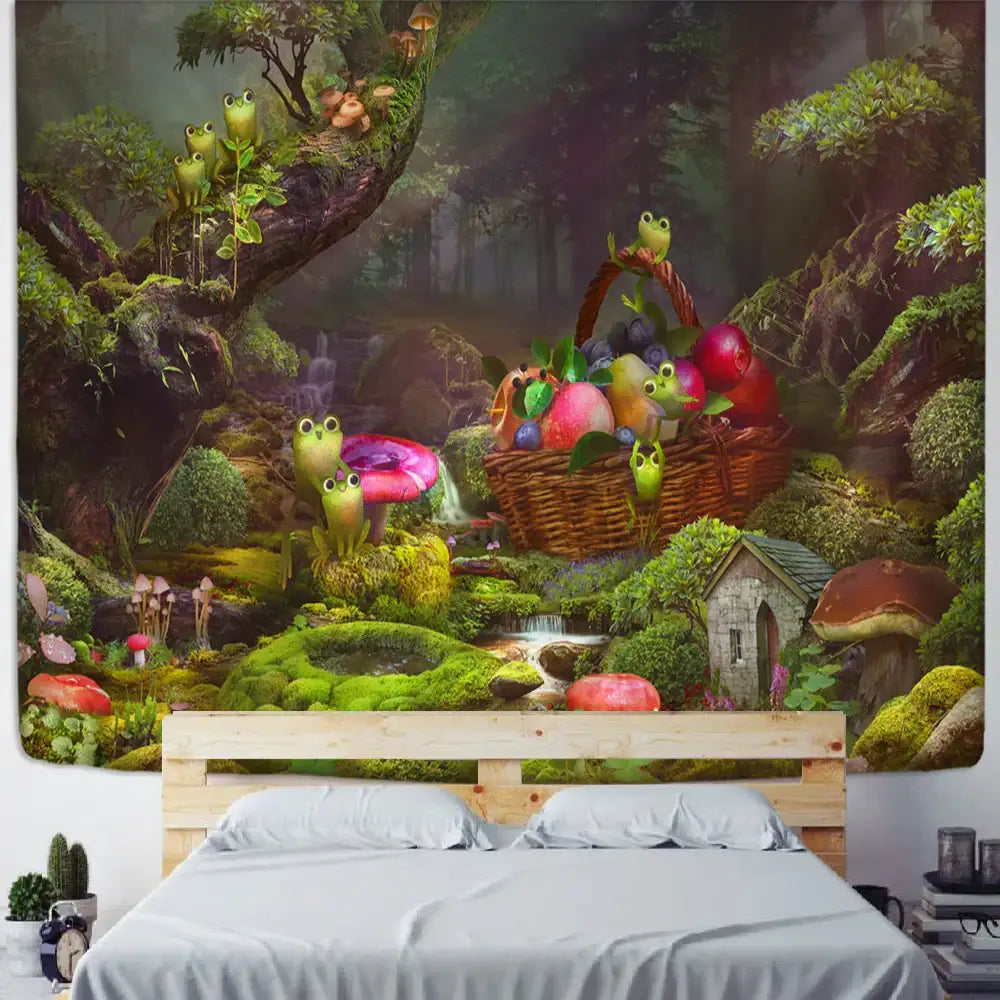 Psychedelic forest frog tapestry wall hanging for kids bedroom