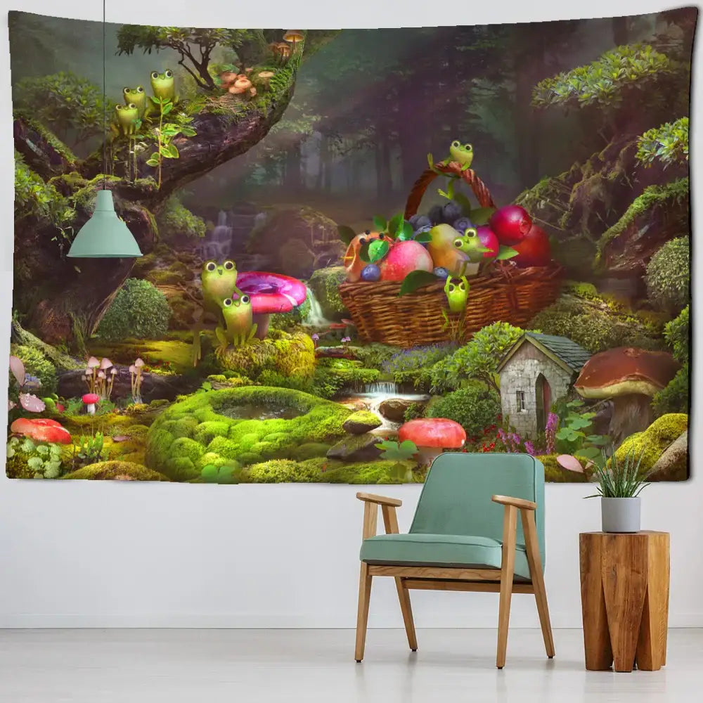 Psychedelic forest frog tapestry wall hanging for kids bedroom