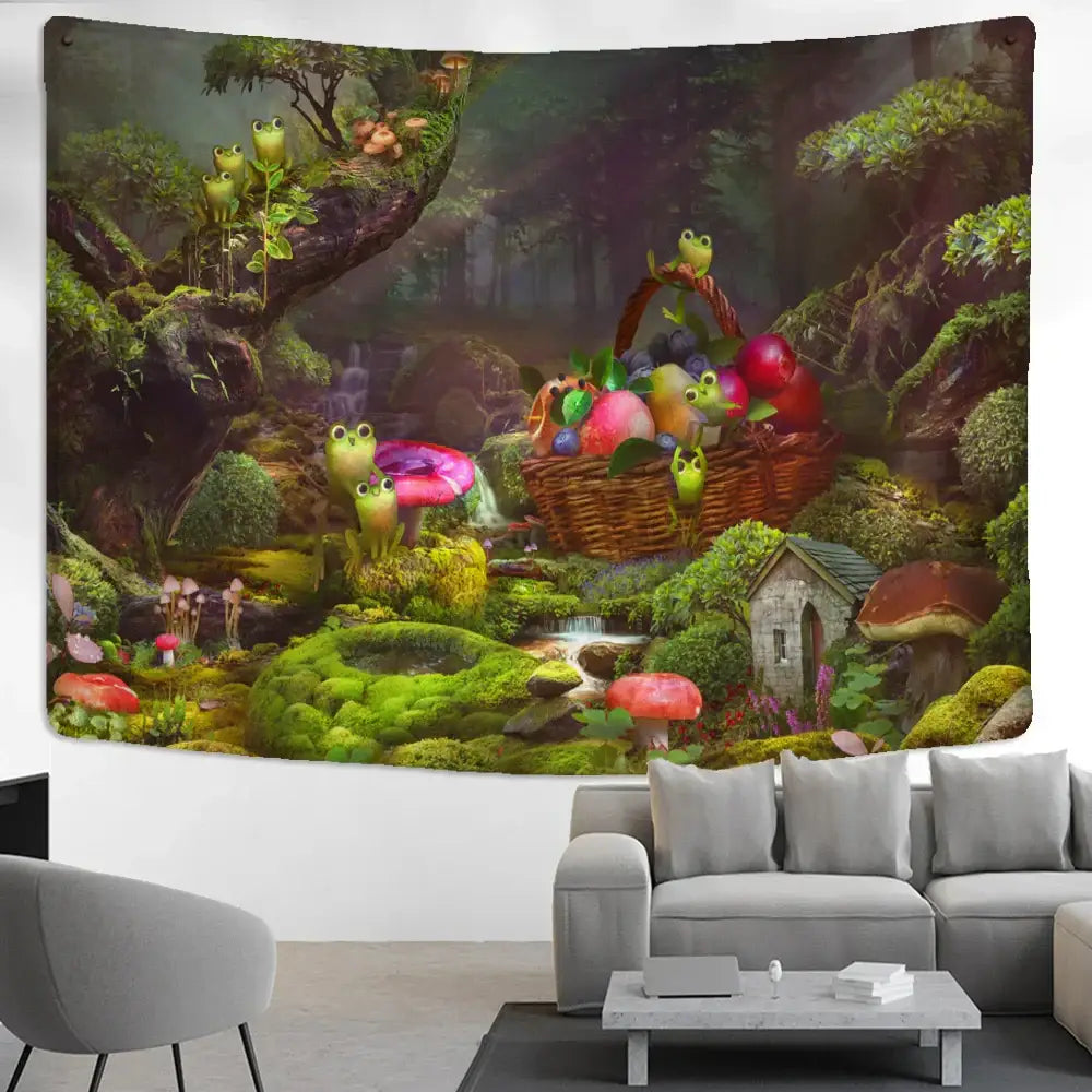 Psychedelic forest frog tapestry wall hanging for kids bedroom