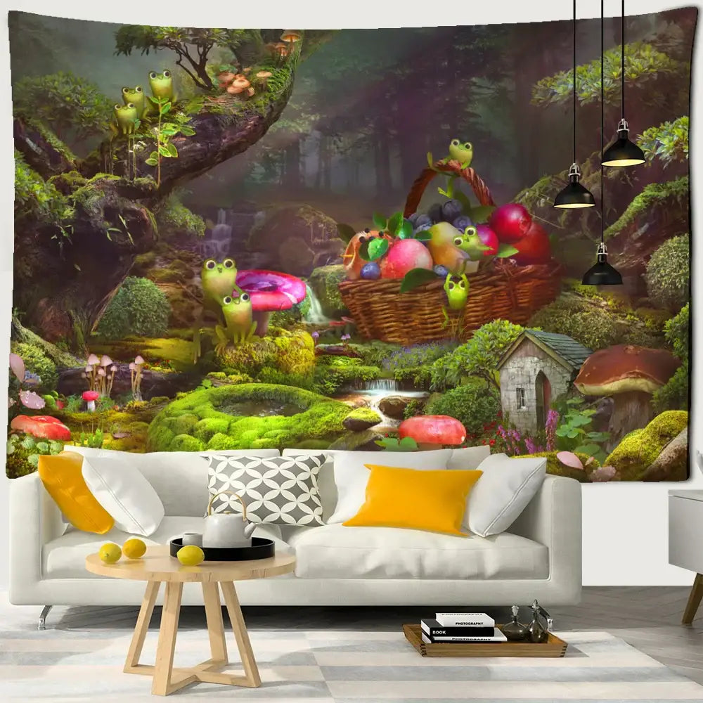 Psychedelic forest frog tapestry wall hanging for kids bedroom