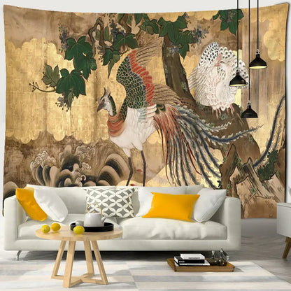 Psychedelic gold peacock cute skeleton tapestry bedroom wall hanging