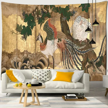 Psychedelic gold peacock cute skeleton tapestry bedroom wall hanging