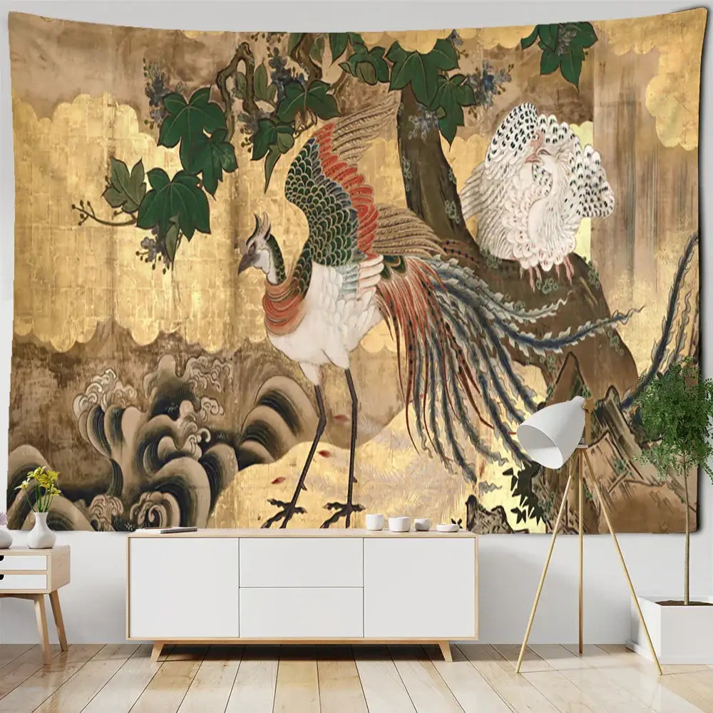 Psychedelic gold peacock cute skeleton tapestry bedroom wall hanging