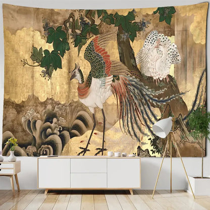 Psychedelic gold peacock cute skeleton tapestry bedroom wall hanging