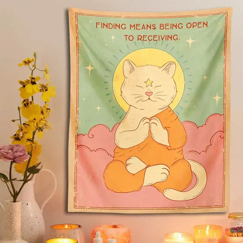 Psychedelic green & pink cat tapestry sun moon bedroom decor