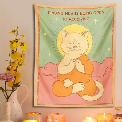 Psychedelic green & pink cat tapestry sun moon bedroom decor