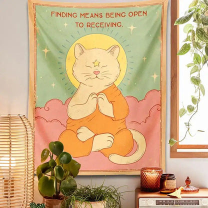 Psychedelic green & pink cat tapestry sun moon bedroom decor
