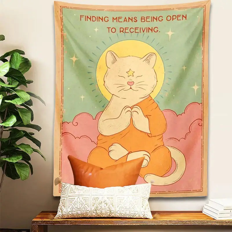 Psychedelic green & pink cat tapestry sun moon bedroom decor
