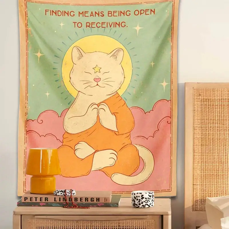Psychedelic green & pink cat tapestry sun moon bedroom decor