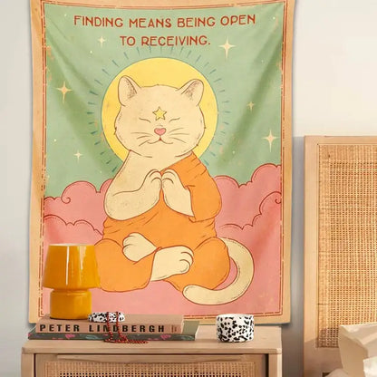 Psychedelic green & pink cat tapestry sun moon bedroom decor