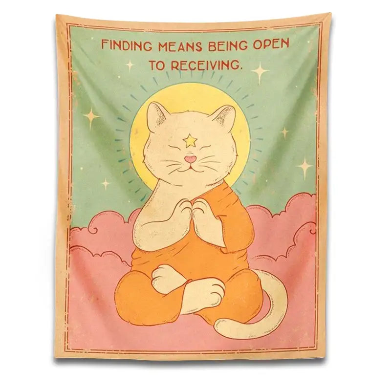 Psychedelic green & pink cat tapestry sun moon bedroom decor