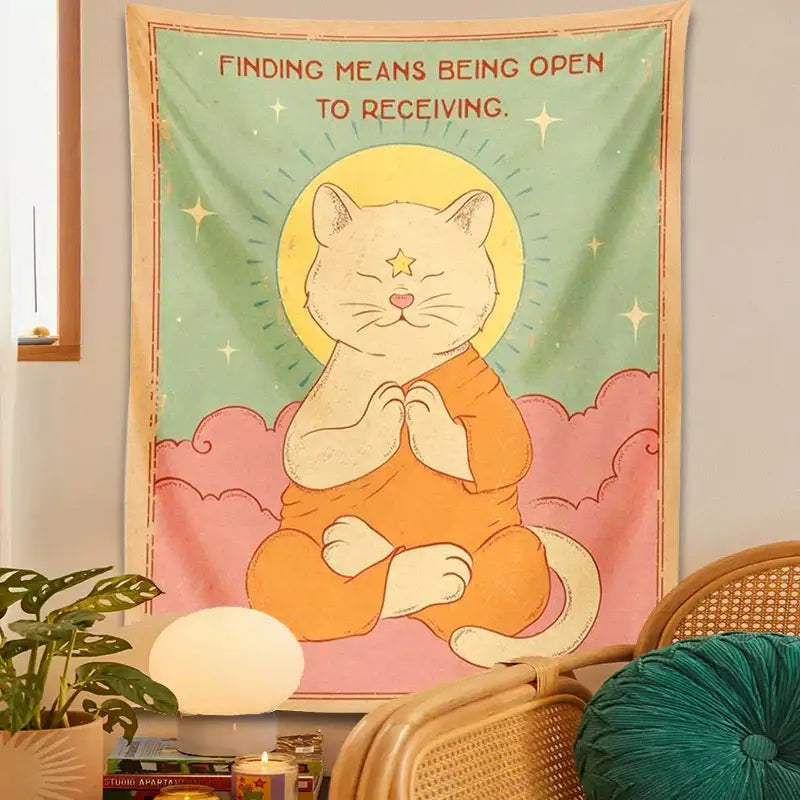 Psychedelic green & pink cat tapestry sun moon bedroom decor