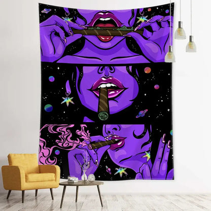 Psychedelic green star girl tapestry bedroom wall decor
