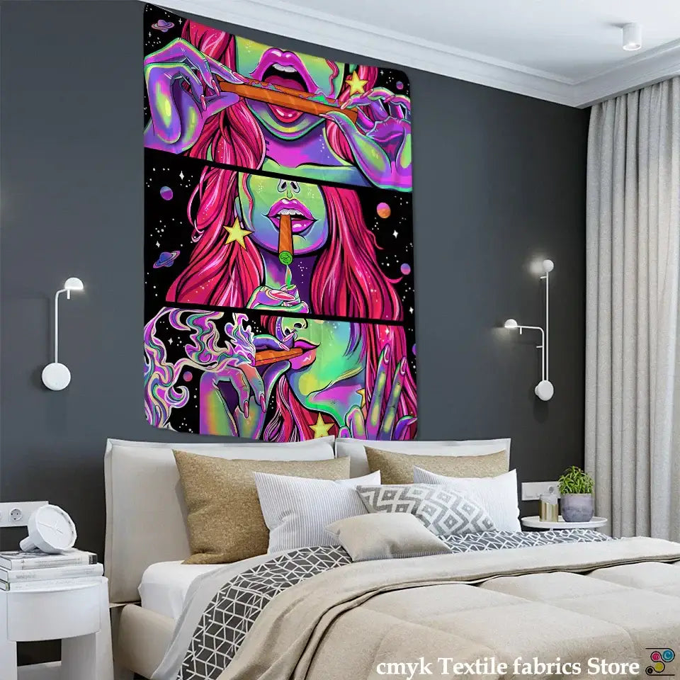 Psychedelic green star girl tapestry bedroom wall decor