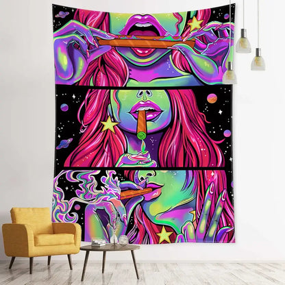 Psychedelic green star girl tapestry bedroom wall decor