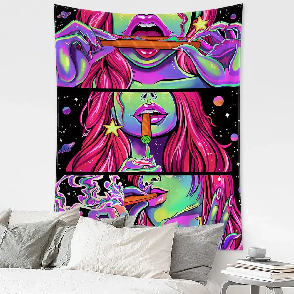 Psychedelic green star girl tapestry bedroom wall decor