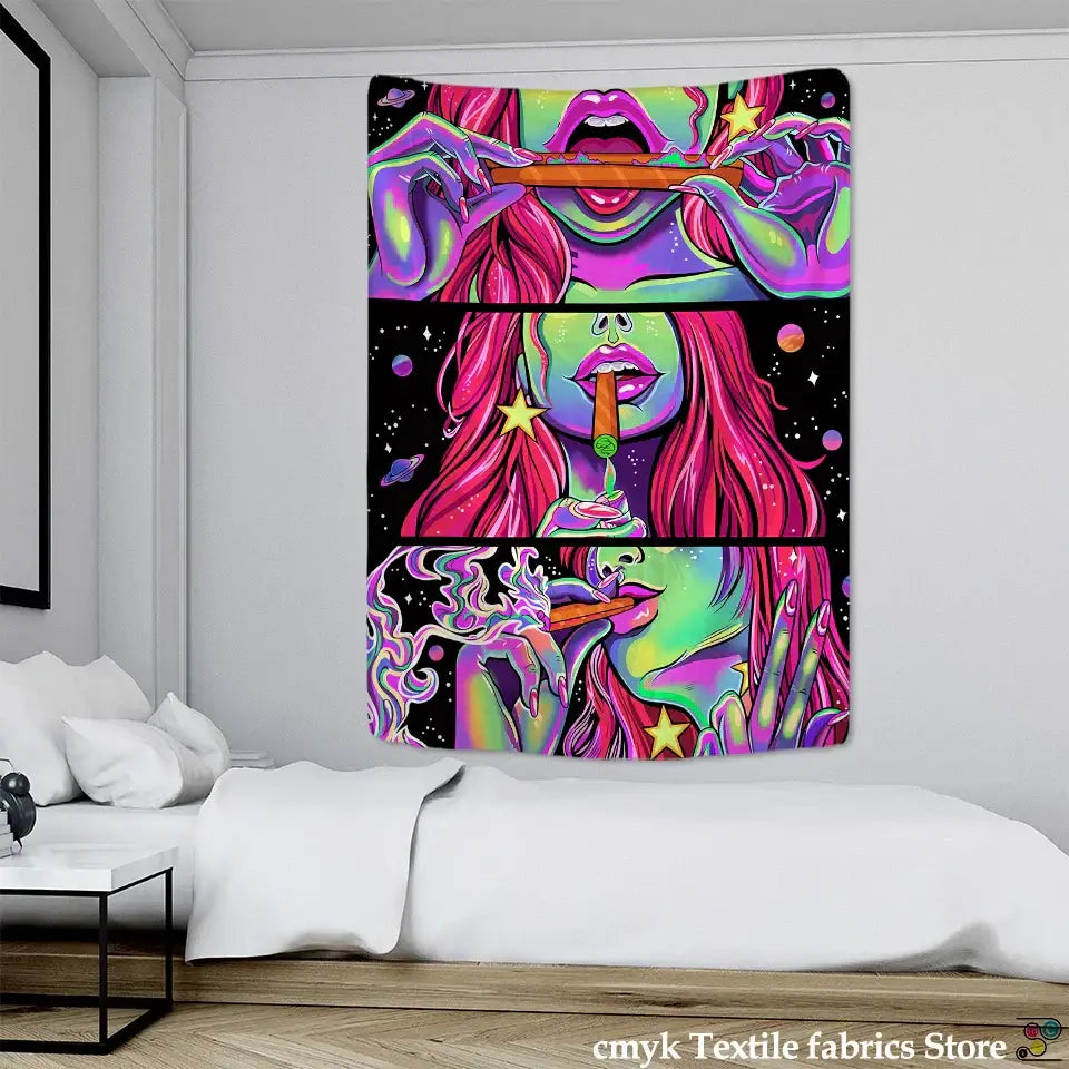 Psychedelic green star girl tapestry bedroom wall decor