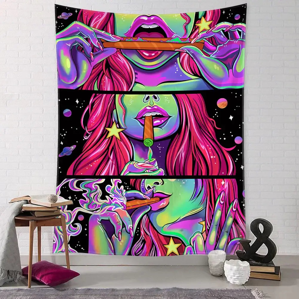 Psychedelic green star girl tapestry bedroom wall decor
