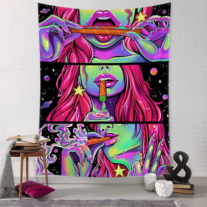 Psychedelic green star girl tapestry bedroom wall decor