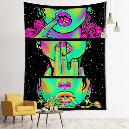 Psychedelic green star girl tapestry bedroom wall decor