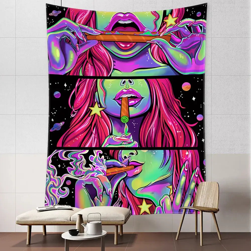 Psychedelic green star girl tapestry bedroom wall decor