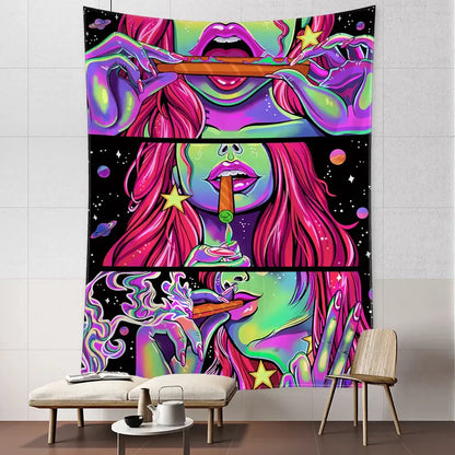 Psychedelic green star girl tapestry bedroom wall decor