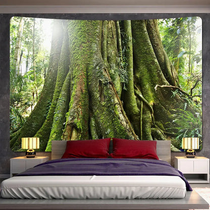 Psychedelic moss green forest view tapestry bedroom wall decor