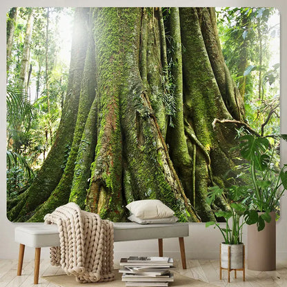 Psychedelic moss green forest view tapestry bedroom wall decor