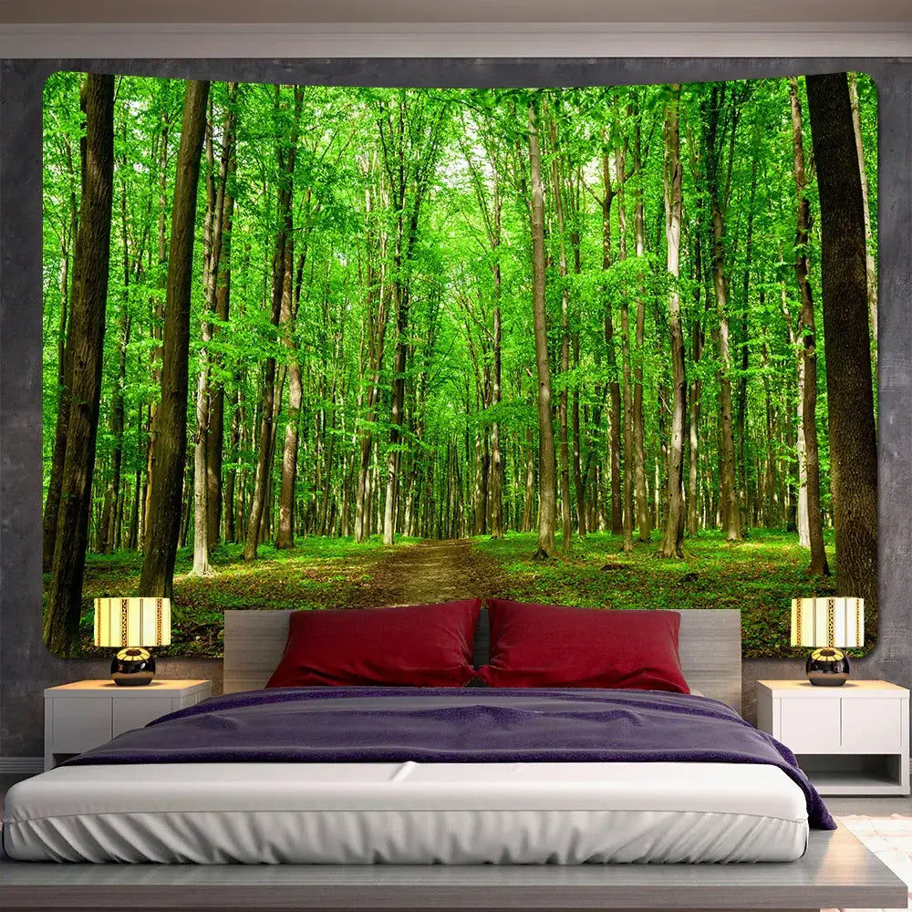 Psychedelic moss green forest view tapestry bedroom wall decor