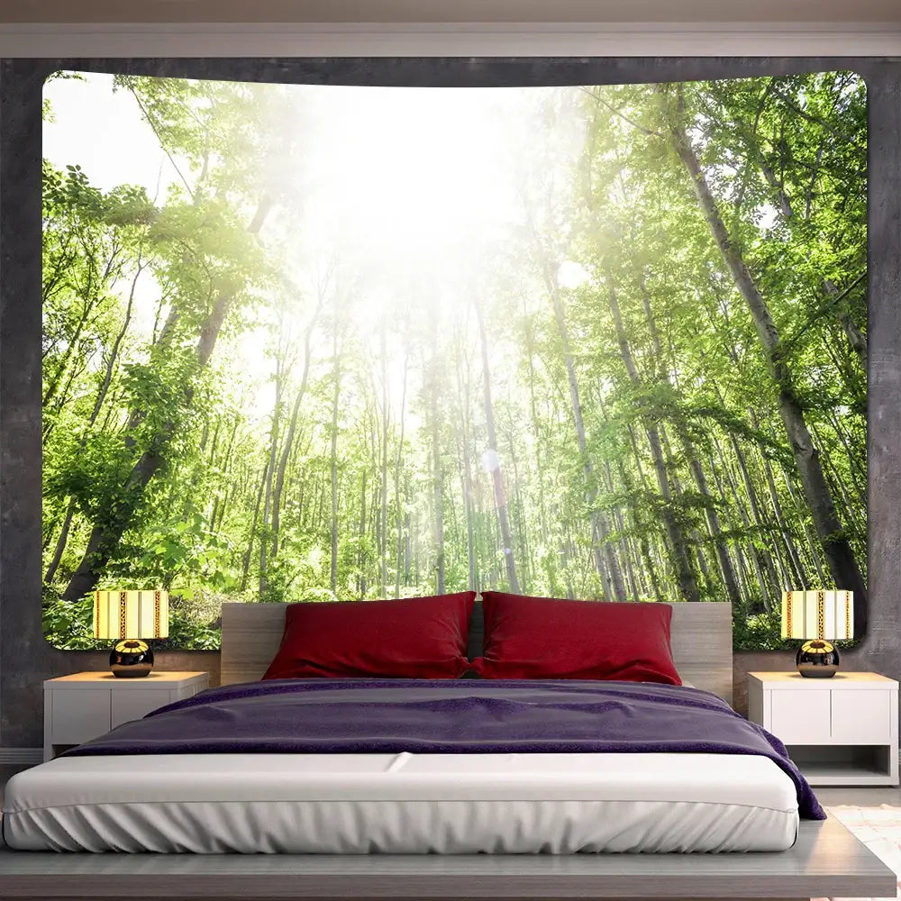 Psychedelic moss green forest view tapestry bedroom wall decor
