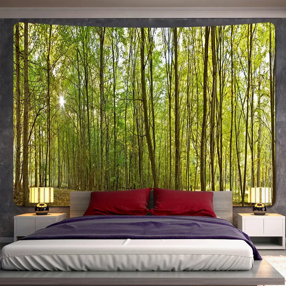 Psychedelic moss green forest view tapestry bedroom wall decor