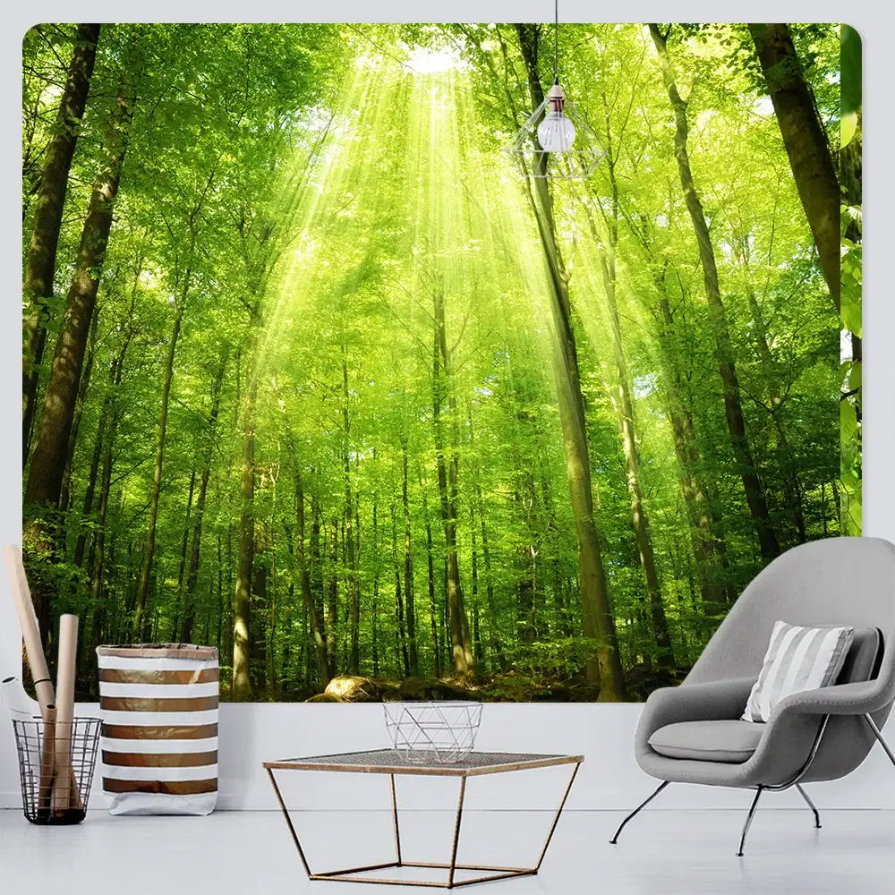 Psychedelic moss green forest view tapestry bedroom wall decor