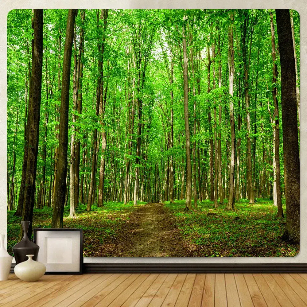 Psychedelic moss green forest view tapestry bedroom wall decor
