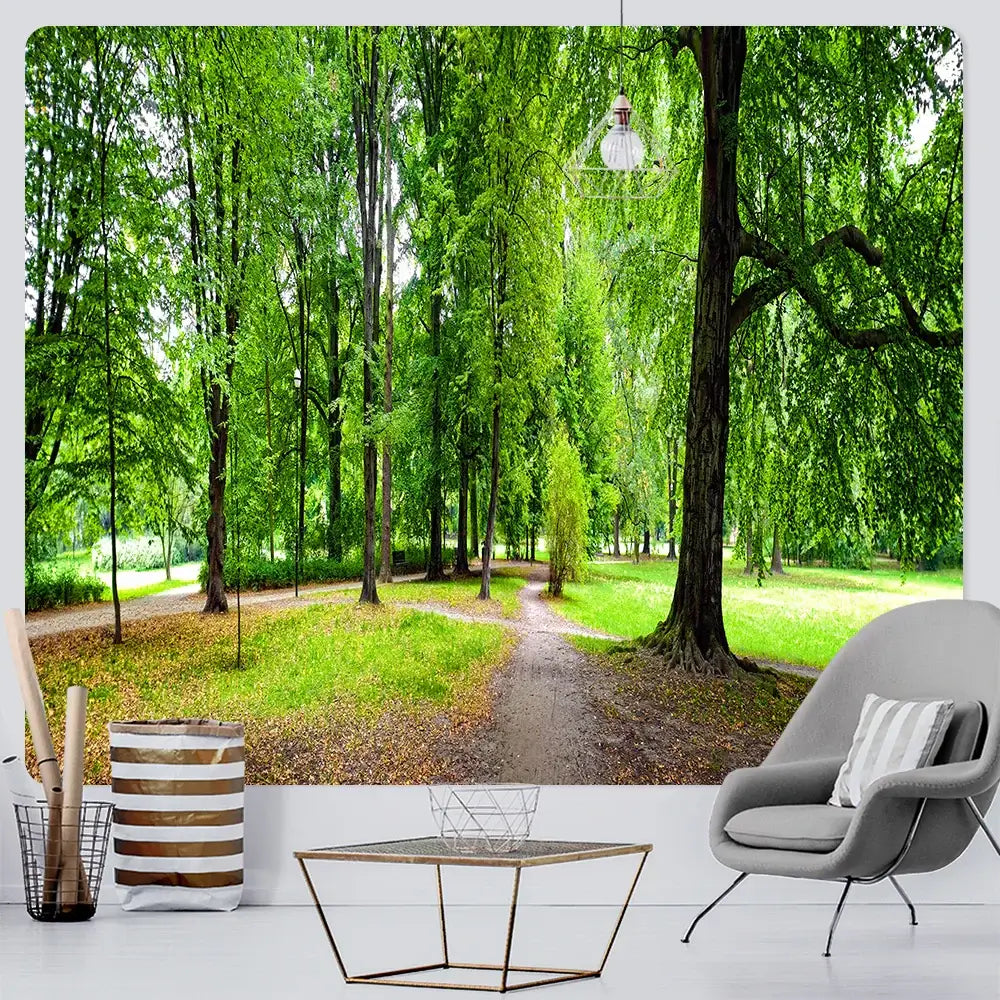 Psychedelic moss green forest view tapestry bedroom wall decor