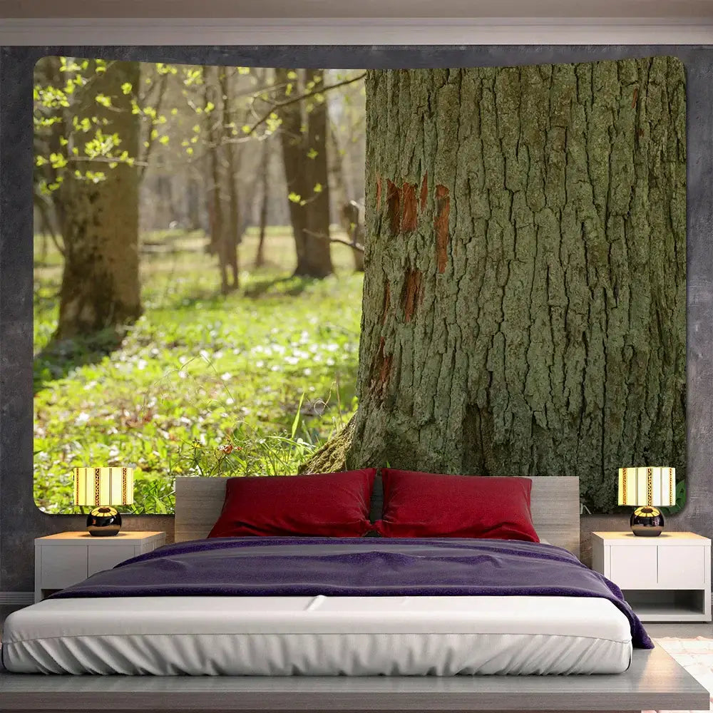 Psychedelic moss green forest view tapestry bedroom wall decor