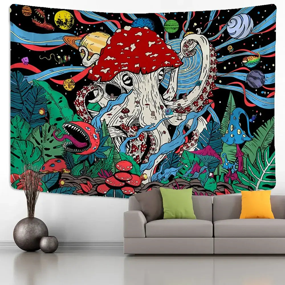 Psychedelic octopus abstract mushroom tapestry wall hanging bedroom decor