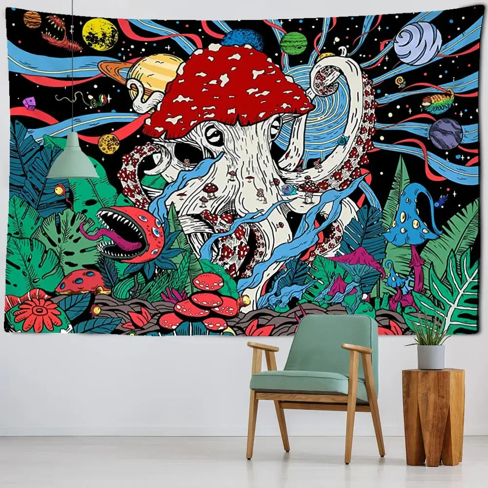 Psychedelic octopus abstract mushroom tapestry wall hanging bedroom decor