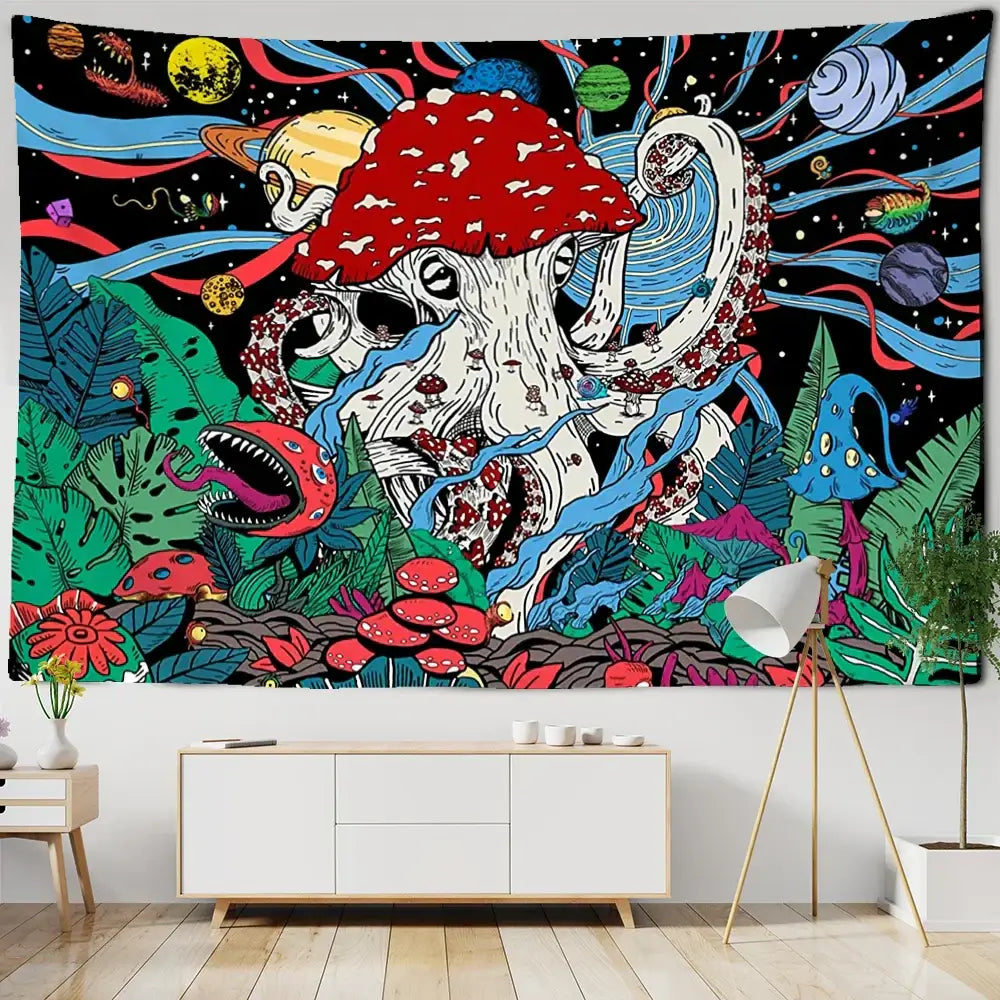 Psychedelic octopus abstract mushroom tapestry wall hanging bedroom decor