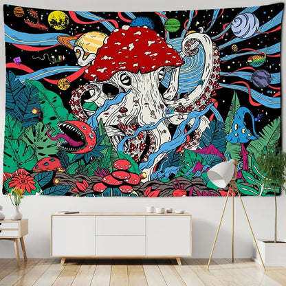 Psychedelic octopus abstract mushroom tapestry wall hanging bedroom decor