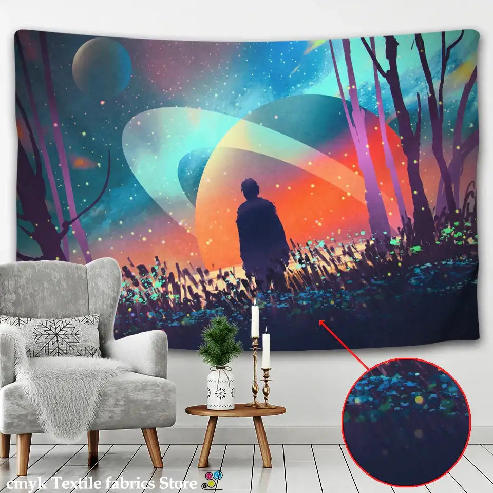 Psychedelic purple and blue galaxy tapestry bedroom wall hanging
