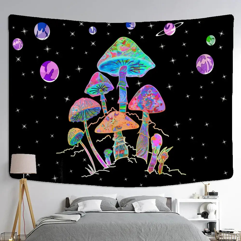 Psychedelic rainbow cartoon planet mushroom tapestry bedroom wall art