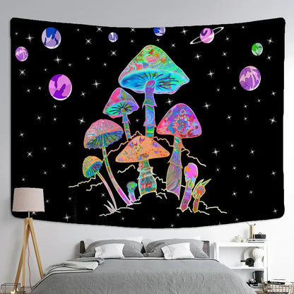 Psychedelic rainbow cartoon planet mushroom tapestry bedroom wall art