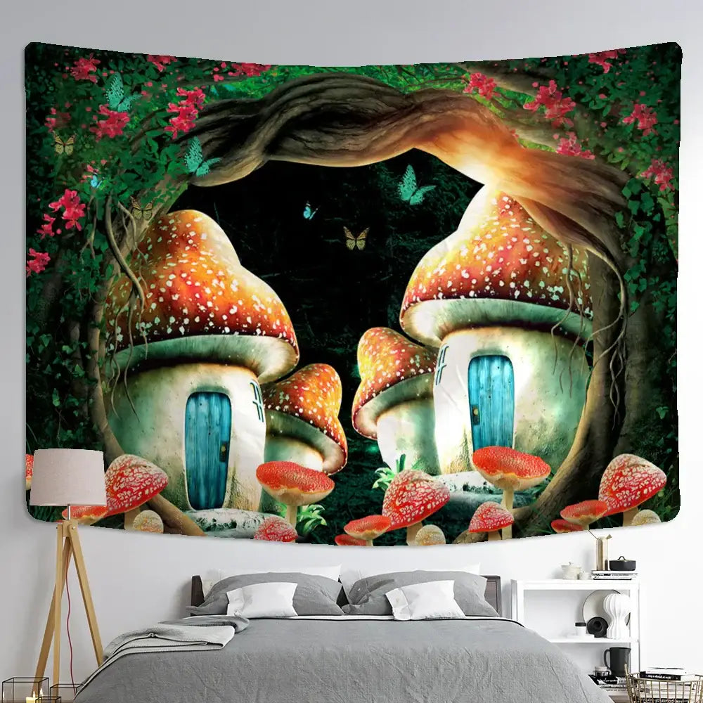 Psychedelic rainbow cartoon planet mushroom tapestry bedroom wall art