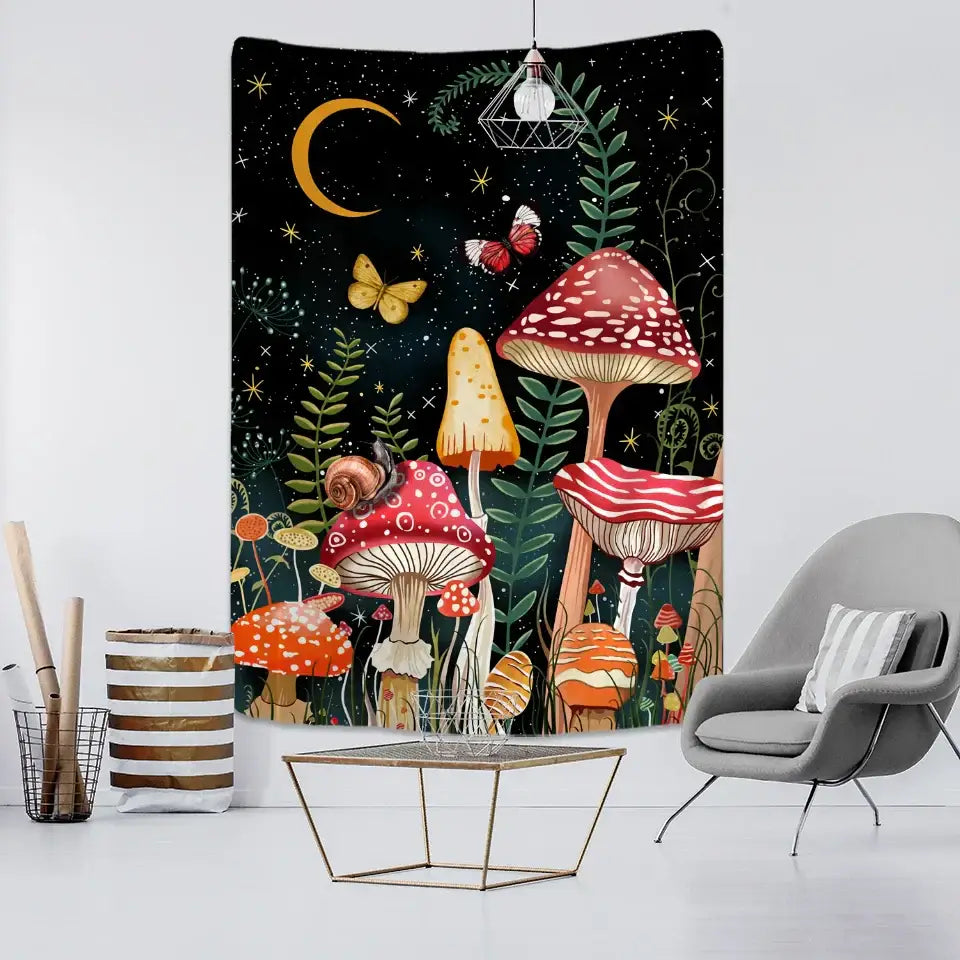 Psychedelic rainbow cartoon planet mushroom tapestry bedroom wall art