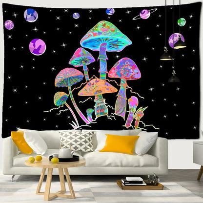 Psychedelic rainbow cartoon planet mushroom tapestry bedroom wall art